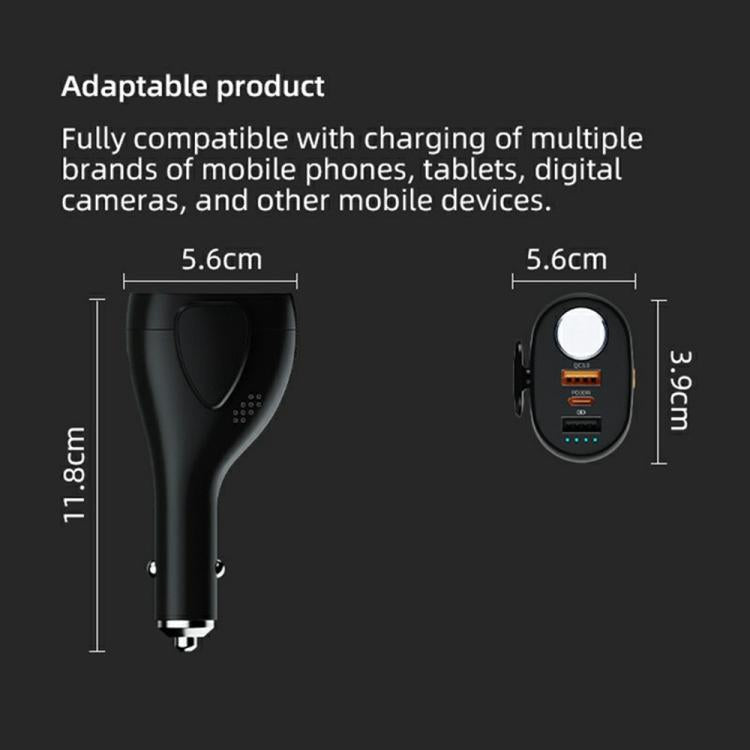 Black multifunction car charger safety hammer with size measurements