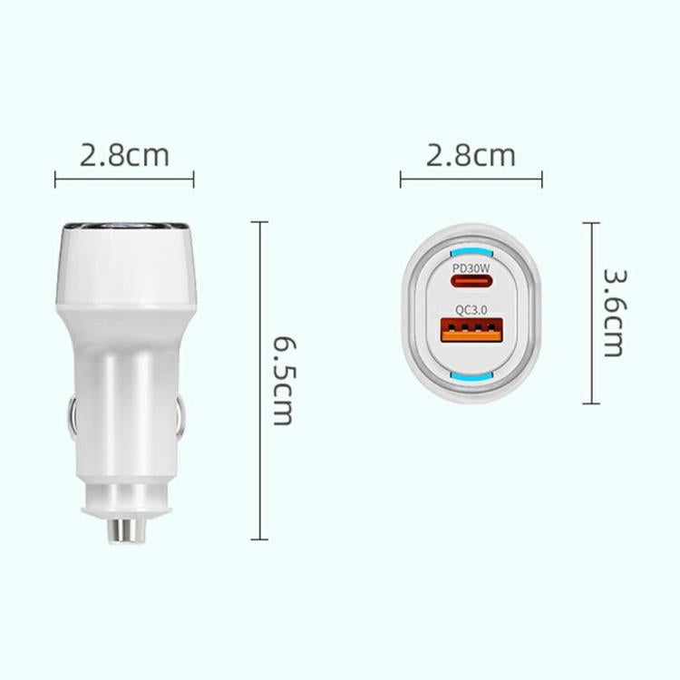 Compact white dual-port car charger with circular face and side plug