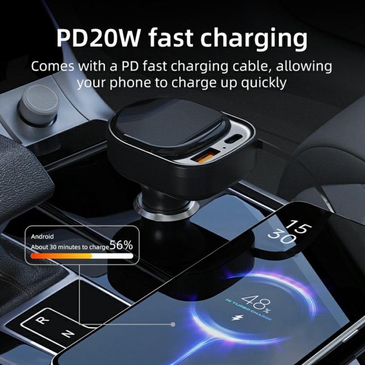 Black car charger with retractable Type-C connector and dual USB-A/USB-C ports