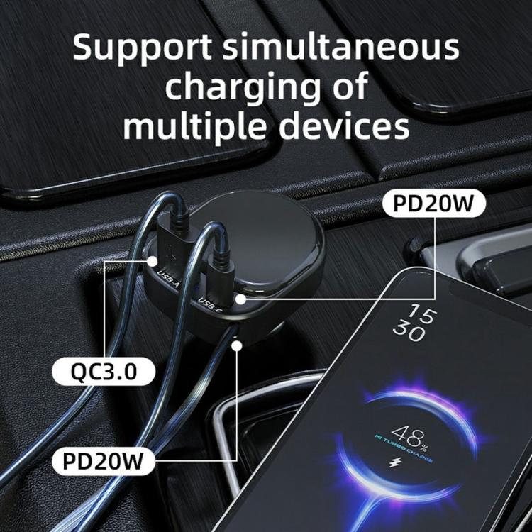 Black car charger showing dual ports and retractable cable connection