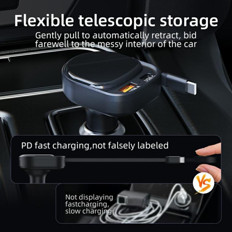Black telescopic car charger cable with retractable storage housing