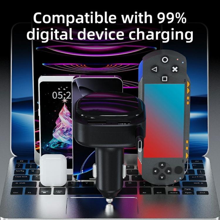 Black dual-port car charger with retractable cable, shown centered on a car interior