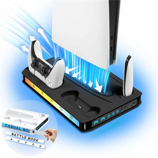 Black gaming console cooling fan base with dual controller stands and charging slots