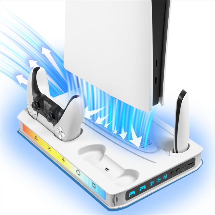 White gaming console cooling fan base with dual controller stands and charging slots