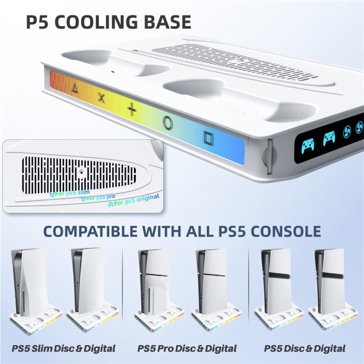White PS5 cooling fan base with side indicator panel and controller charging bays
