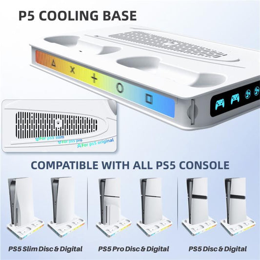 White PS5 cooling fan base with side indicator panel and controller charging bays