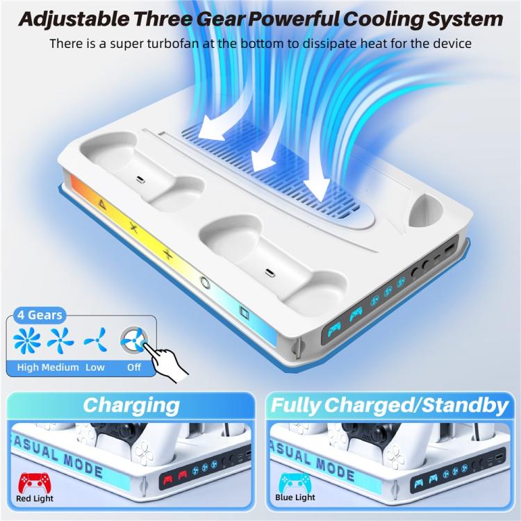 White gaming console cooling fan base with fan grille and multi-level cooling design