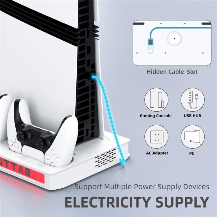 White console cooling fan base with controller stand and side cable routing