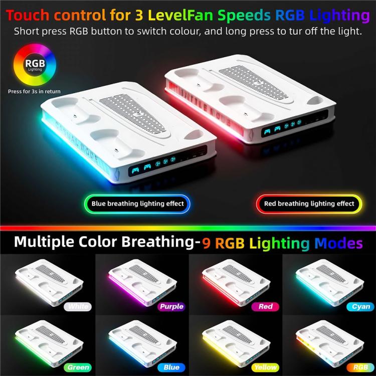 White cooling fan bases with RGB lighting effects and touch control indicator panel