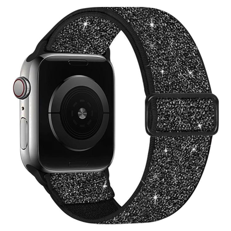 Black glitter elastic nylon watch band with matching buckle, shown on a smartwatch
