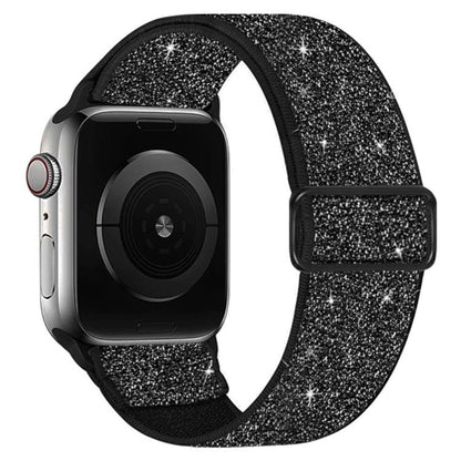 Black glitter elastic nylon watch band with matching buckle, shown on a smartwatch