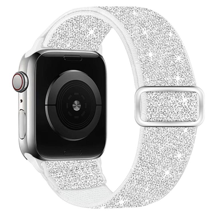 Silver glitter elastic nylon watch band with white edging and buckle, shown on a smartwatch