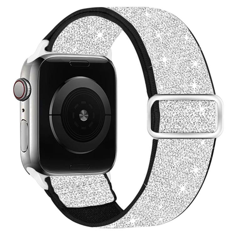 Silver glitter elastic nylon Apple Watch band with black trim