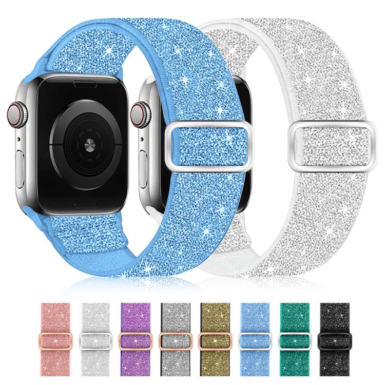 Glitter elastic nylon Apple Watch bands in blue, silver, pink, purple, gold, and black