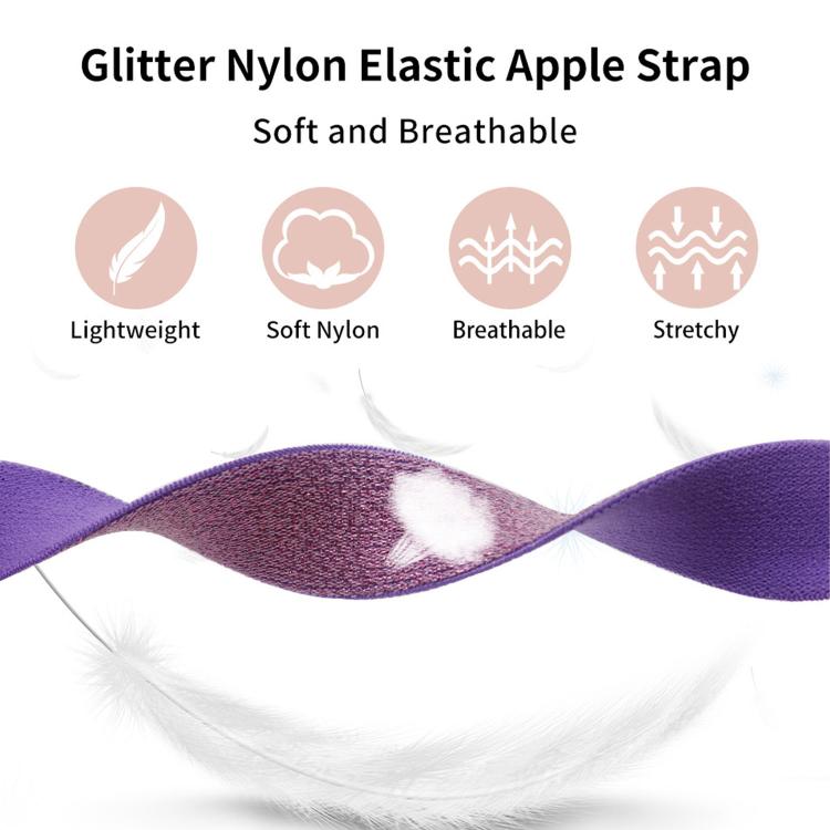 Stretchy glitter nylon Apple Watch band shown flexing to demonstrate its soft, breathable fabric