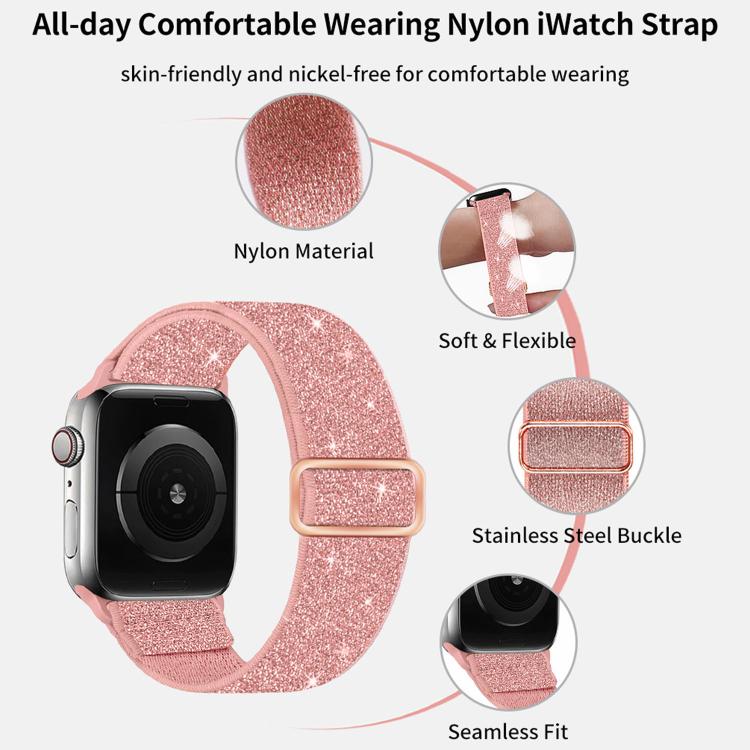 Pink glitter nylon Apple Watch band with flexible fabric and stainless steel buckle