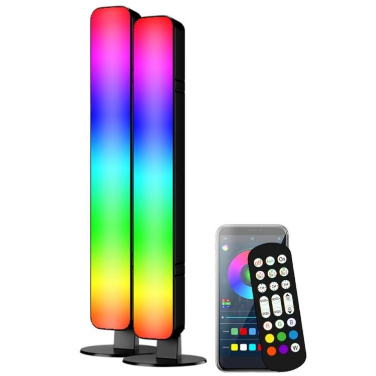 RGB desktop light bar set with two vertical bars on stands, glowing gradient colors