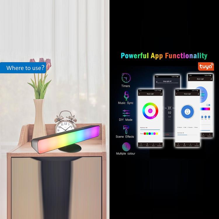RGB desktop light bar glowing on a desk, app feature icons shown