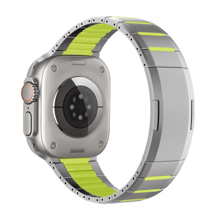 Two-tone stainless steel watch band with silver links and bright lime green accents
