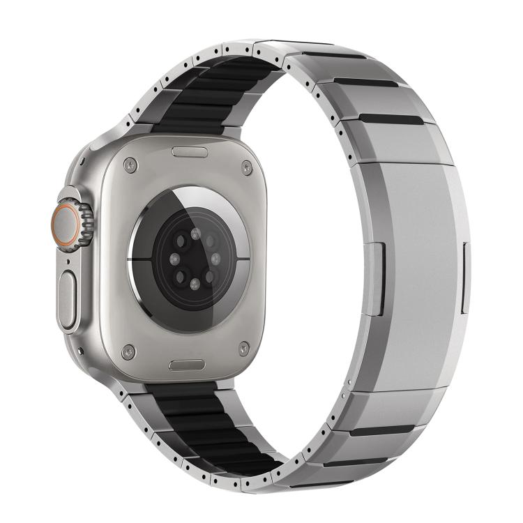 Two-tone stainless steel watch band with silver links and black accents