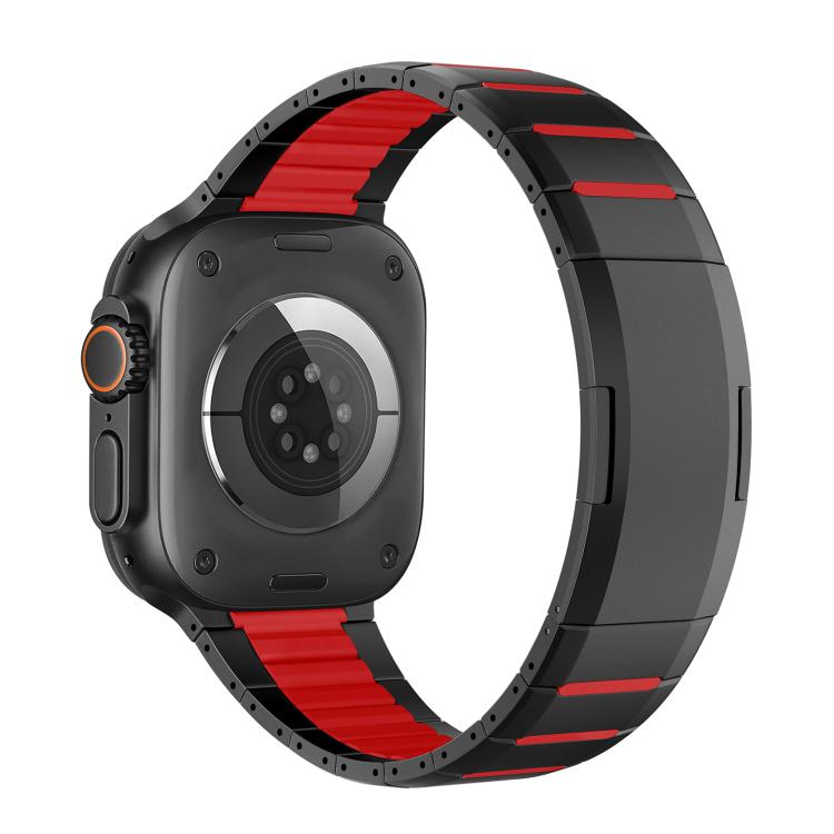 Two-tone stainless steel watch band with black links and red accents