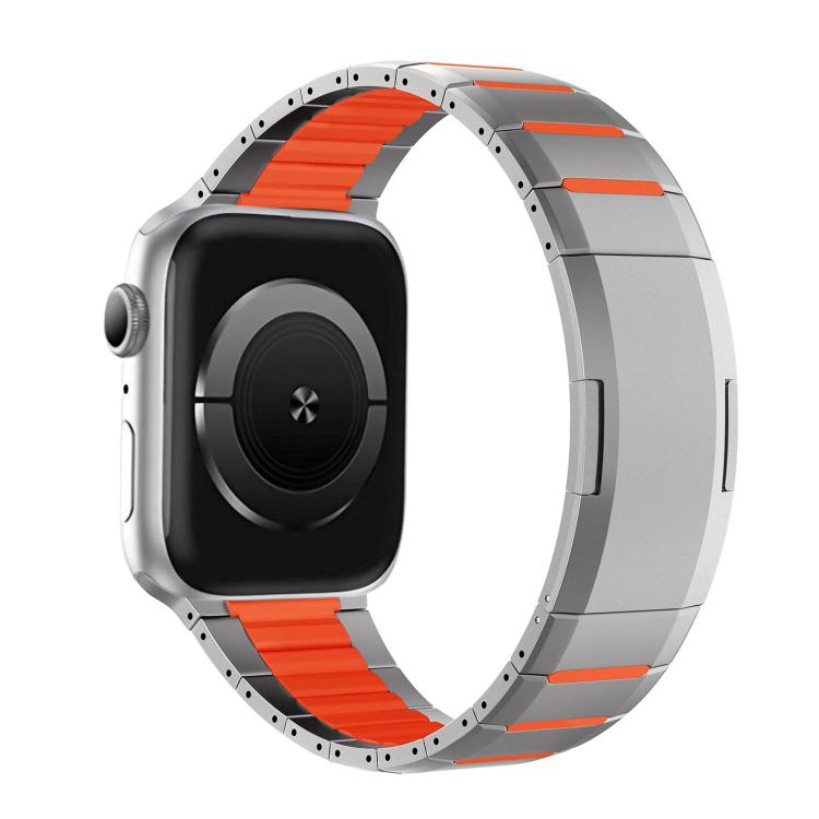 Two-tone stainless steel watch band with silver links and orange accents