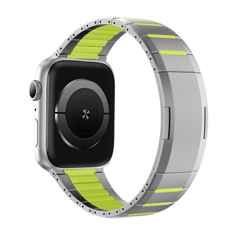 Two-tone stainless steel watch band with silver links and lime green accents