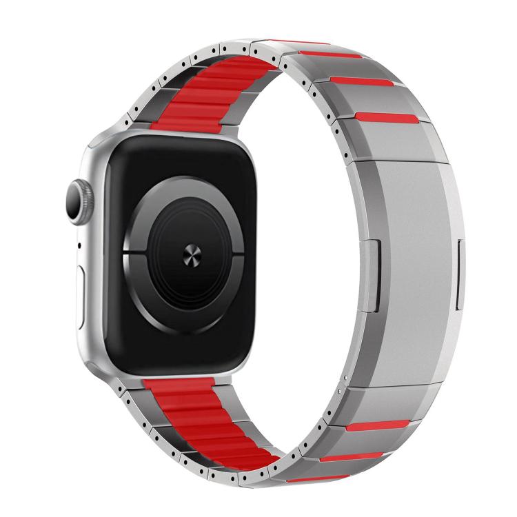 Two-tone stainless steel watch band with silver links and red accents