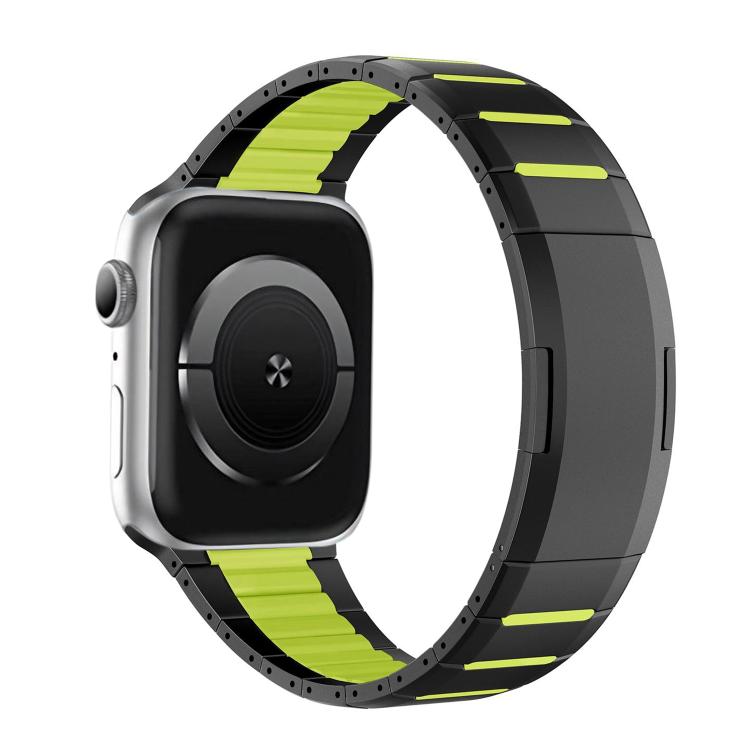 Black stainless steel watch band with lime green accents, shown on a watch