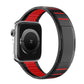 Black stainless steel watch band with red accents, shown on a watch