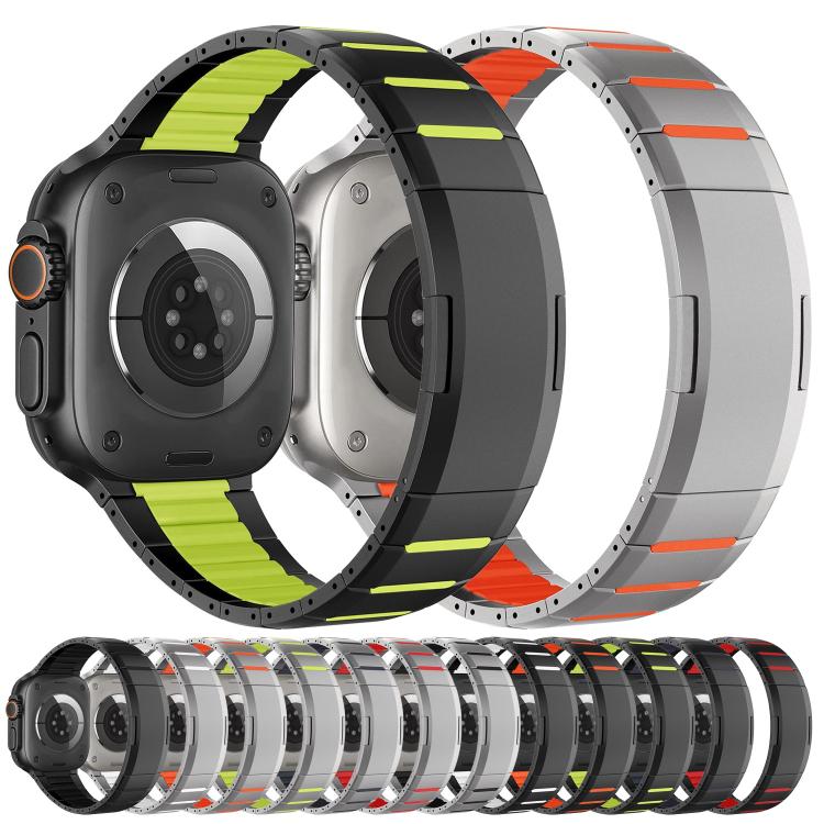 Curved stainless steel watch bands in black and silver with colorful accents