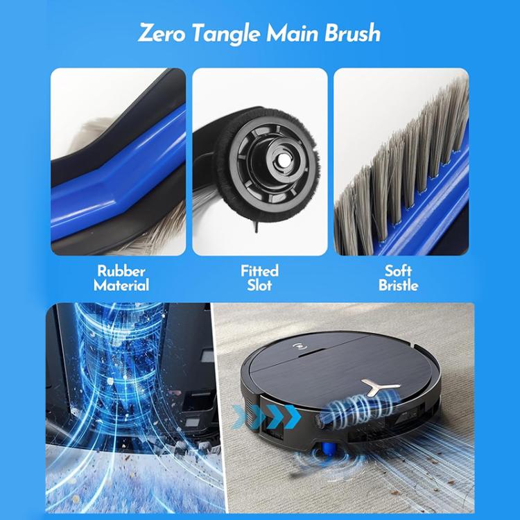 Robot vacuum zero-tangle main brush with rubber roller and soft bristles
