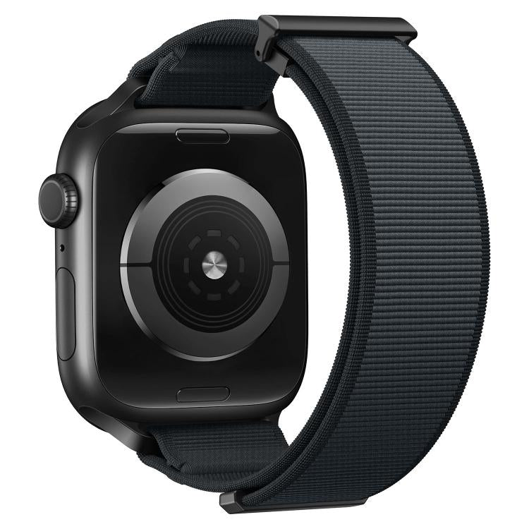 Black woven nylon Apple Watch band with magnetic metal tip, shown from the watch back.