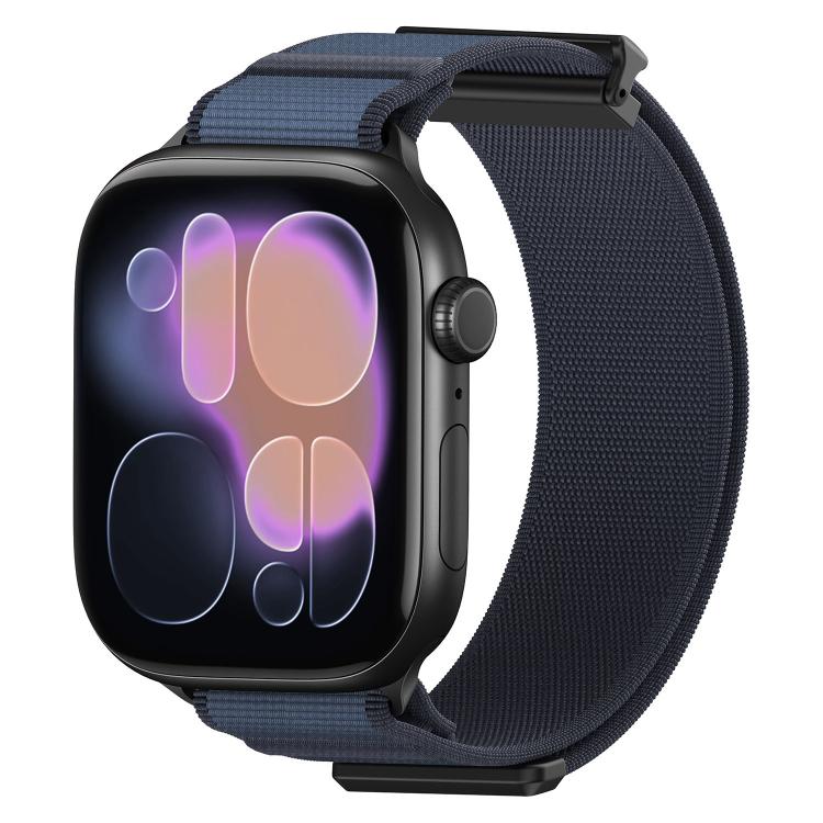 Blue woven nylon Apple Watch band with magnetic metal tip, shown on a smartwatch.