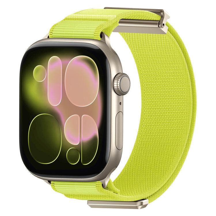 Neon yellow woven nylon Apple Watch band with magnetic metal tip, shown on a smartwatch.