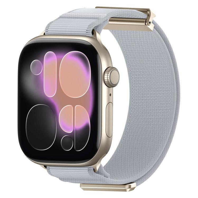 Light gray woven nylon Apple Watch band with magnetic metal tip, shown on a smartwatch.