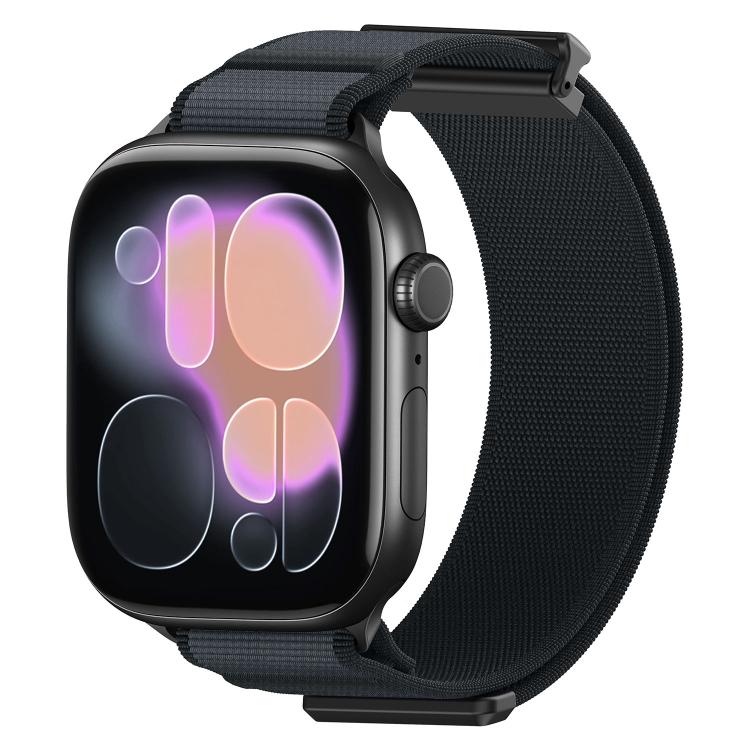 Black woven nylon Apple Watch band with metal connectors