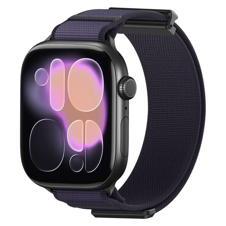 Purple woven nylon Apple Watch band with metal connectors