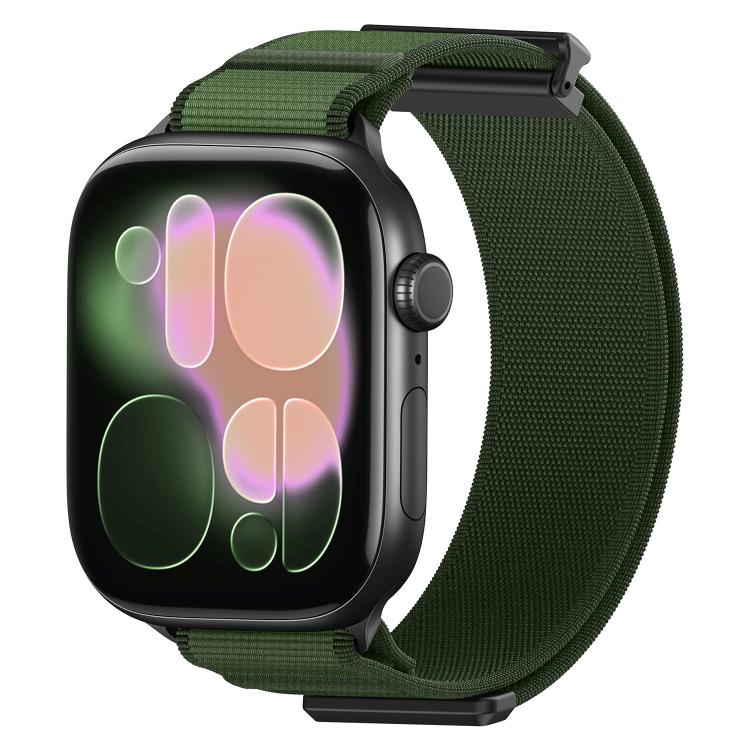 Green woven nylon Apple Watch band with metal connectors