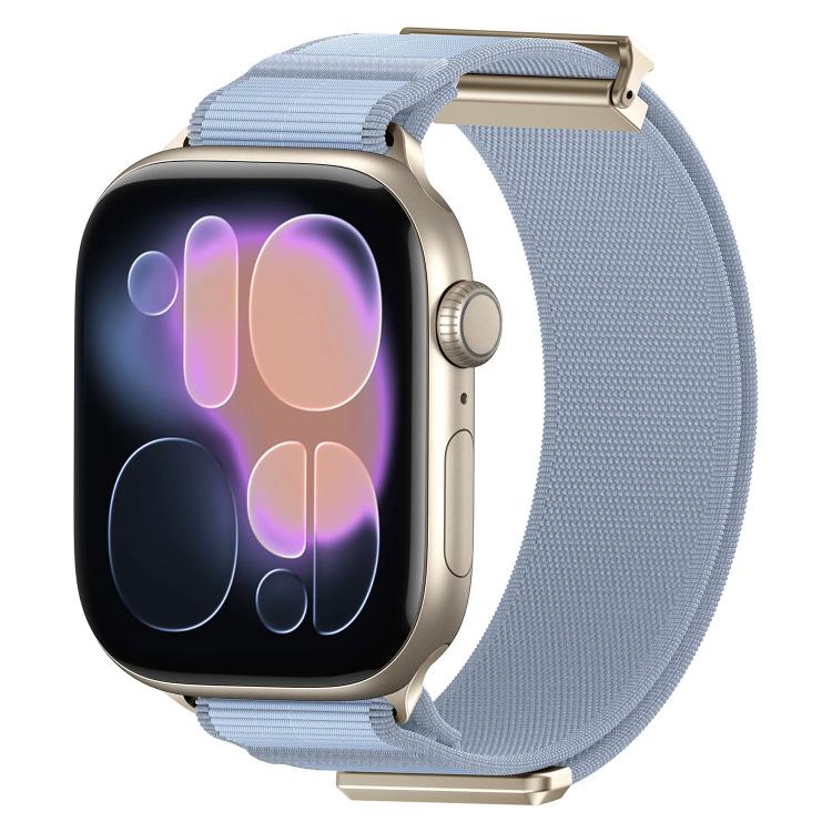 Light blue woven nylon Apple Watch band with metal connectors