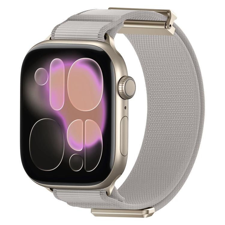 Light gray nylon magnetic watch band with metal watch connectors, shown on a smartwatch