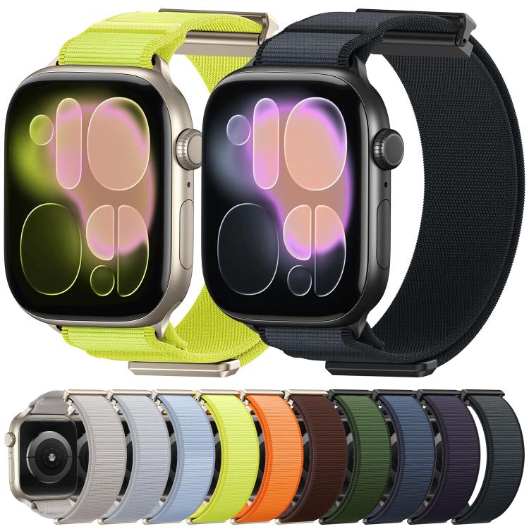 Nylon magnetic watch bands in neon yellow and black, with a row of assorted colors below