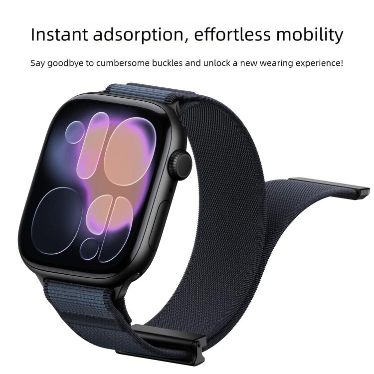 Dark navy nylon magnetic watch band attached to a black smartwatch