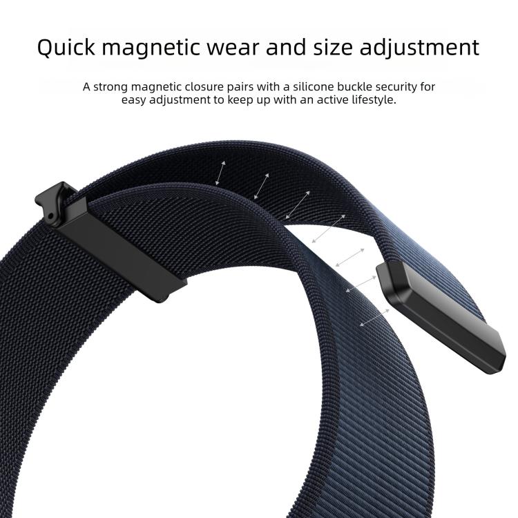 Dark nylon watch band close-up showing its magnetic closure and adjustable strap