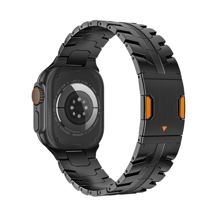 Black metal watch band attached to a smartwatch, with orange-accented magnetic clasp.
