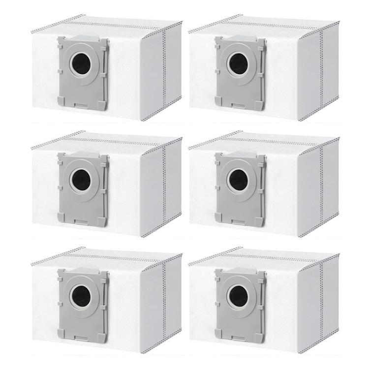 6-pack white robot vacuum dust bags with circular suction port and gray base