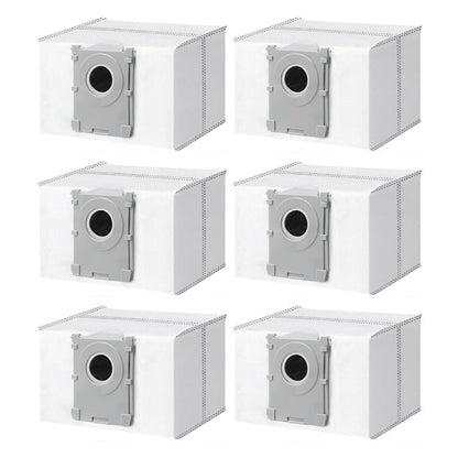6-pack white robot vacuum dust bags with circular suction port and gray base