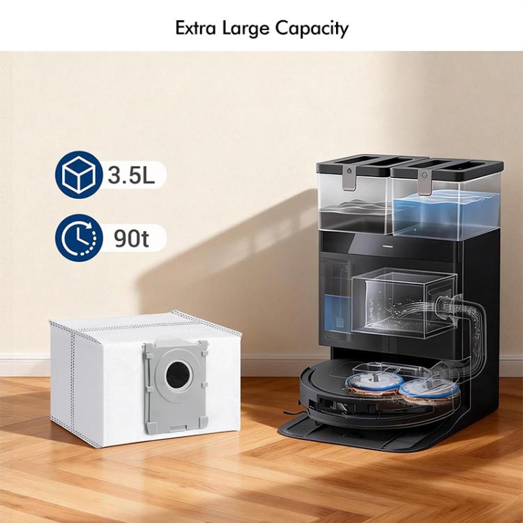 Robot vacuum dust bag container with transparent dust chamber and circular port