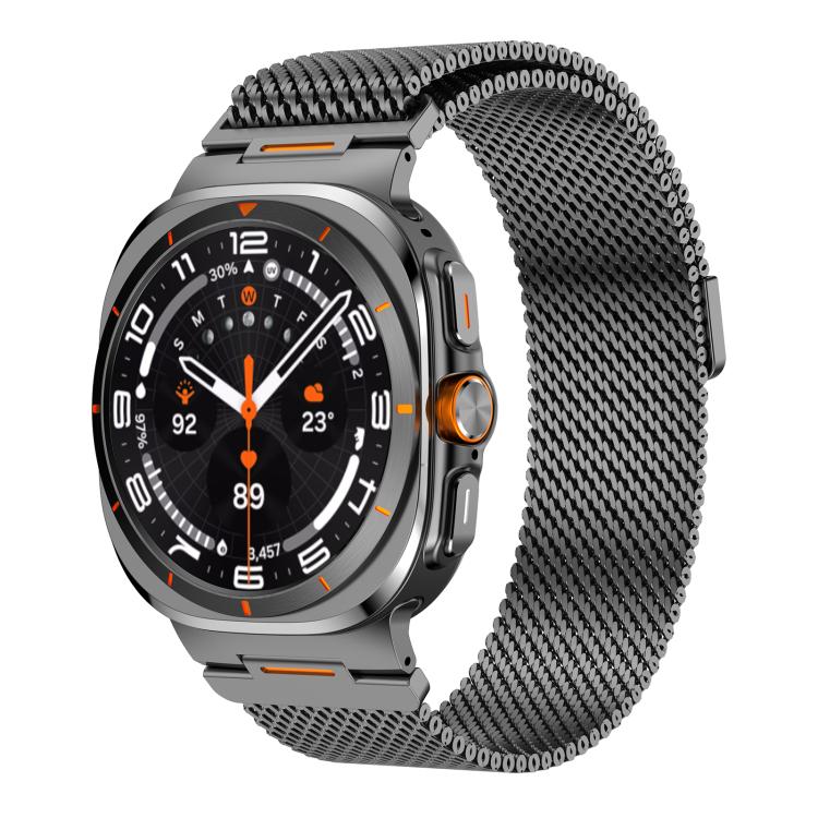 Black Milanese mesh magnetic watch band fitted to a rugged smartwatch, front view