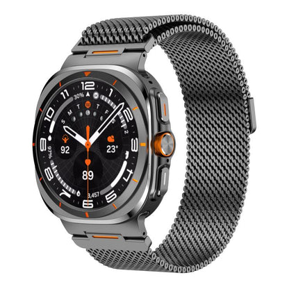 Black Milanese mesh magnetic watch band fitted to a rugged smartwatch, front view